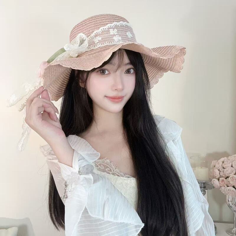 蕾丝草编太阳帽子女大帽檐夏季透气草帽海边遮全脸遮阳防晒帽子潮|undefined