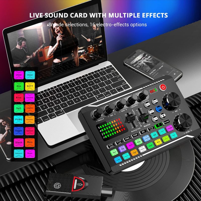 F998 サウンドカード ワイヤレス Bluetooth DJ機器 ライブサウンドカード RGBボタン付き BM-800 マイク デュアルチャンネル|undefined