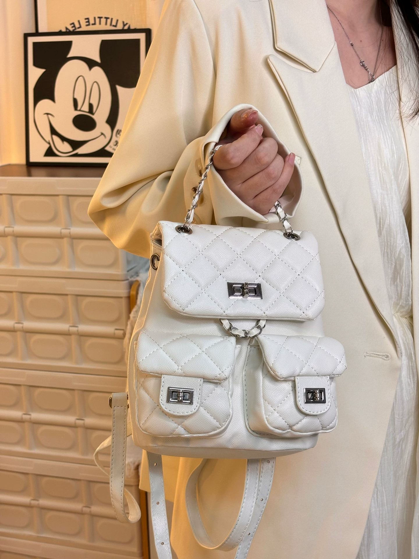 Cute backpack for leisure with diamond pattern, city style, Chanel style