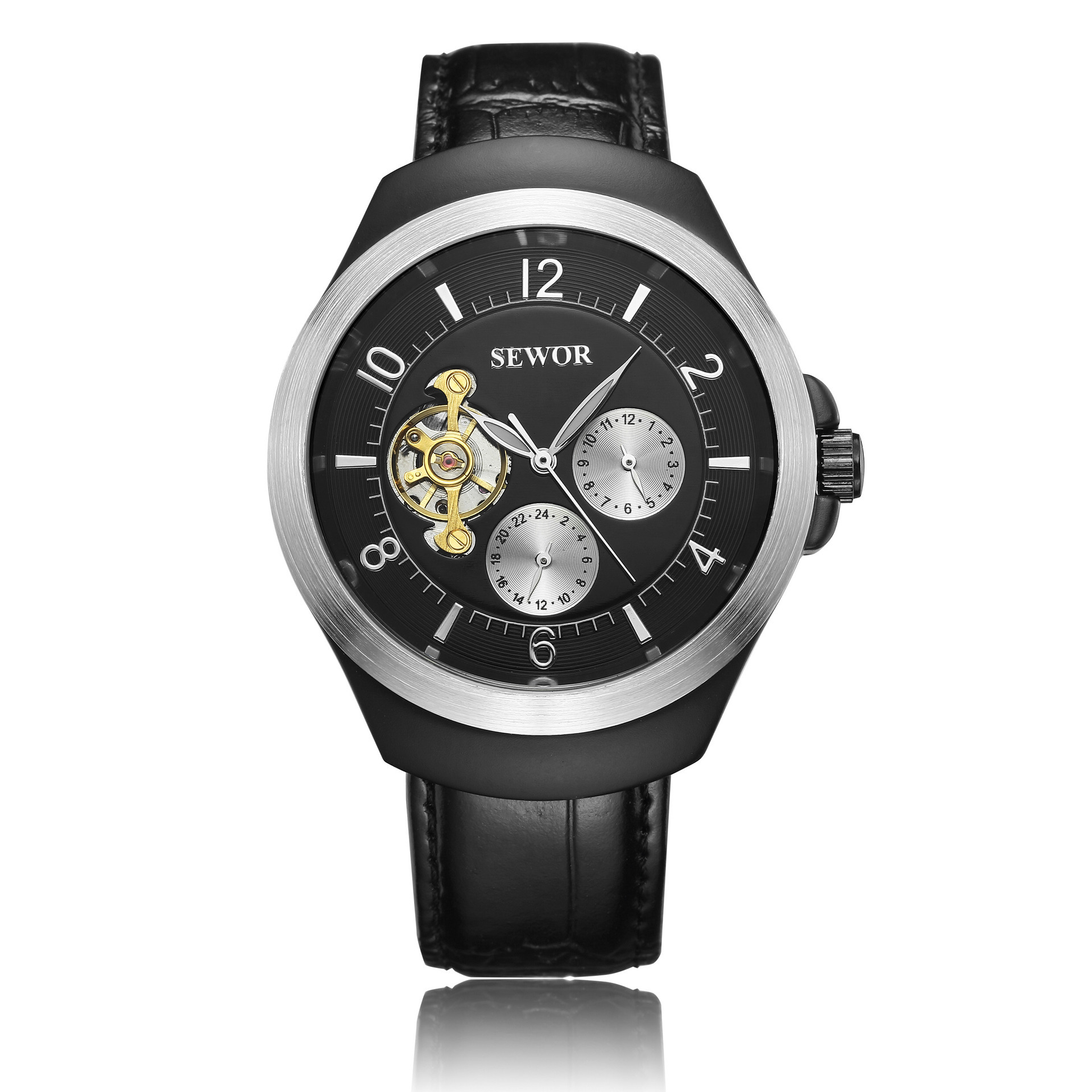 Sewor reloj mecánico automático hueco tourbillon cinturón moda hombres reloj multifuncional reloj mecánico 622