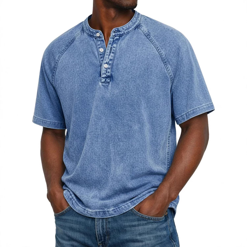 2026 Amazon Cross-Border Spring and Summer New Men's Henley Collar Short-Sleeve Slim-Fit Vintage Washed Pullover Casual Shirt
