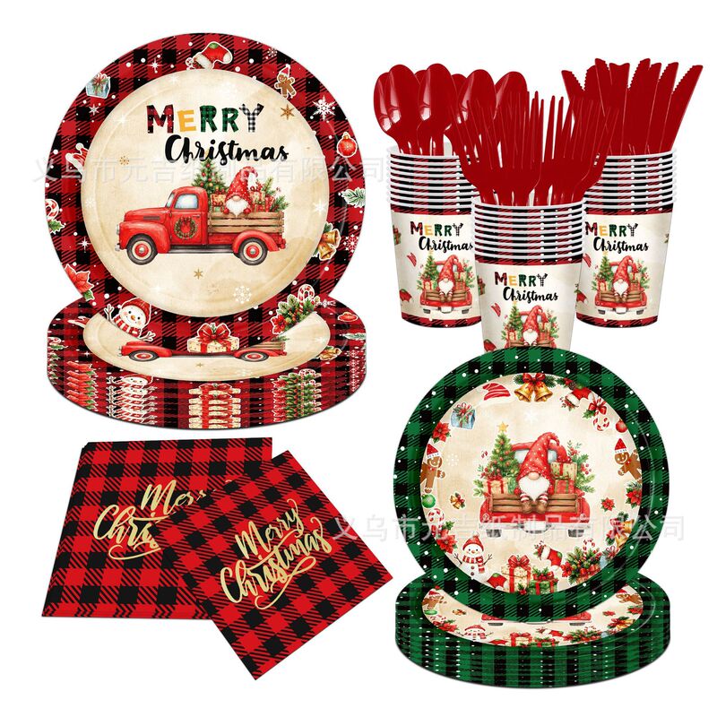 New cross-border truck-themed Christmas party tableware set with paper cups, paper napkins, and disposable paper plates