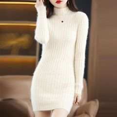 半高领仿貂绒衫女中长款毛衣修身针织打底毛衣连衣裙显瘦收腰外穿