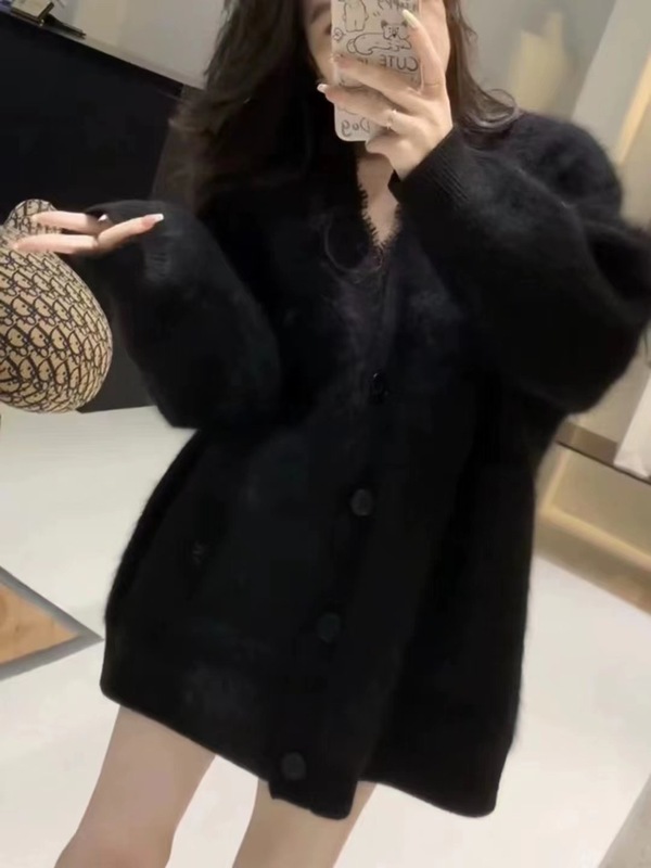 粉色领水貂绒毛衣外套女秋冬温柔慵懒中长款外搭奶针织开衫|undefined