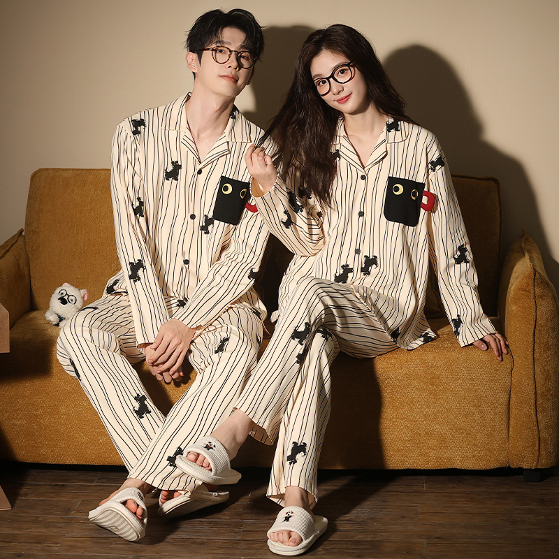 Couple's Pajamas, Spring and Autumn Style, Pure Cotton, Long-Sleeved, Cute Cartoon Puppy, All-Cotton, 2025 New Style, High-End Loungewear