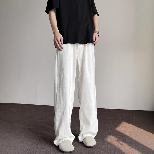 Summer American High Street White Denim Jeans for Men - Advanced Style Loose Straight Leg Wide Leg Floor-Length Versatile Long Pants
