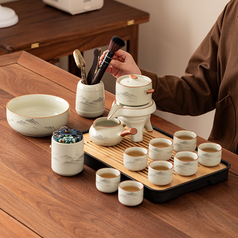 2025 New Model Ru Kiln Automatic Tea Set for Home Use, Anti-Scald Stone Grinding Teapot, Office Lazy Tea Brewing Gadget