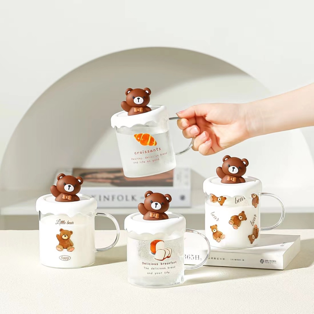Creativo de dibujos animados Oso de vidrio con tapa de alto aspecto lindo regalo de mano taza de bebida simple taza de oficina