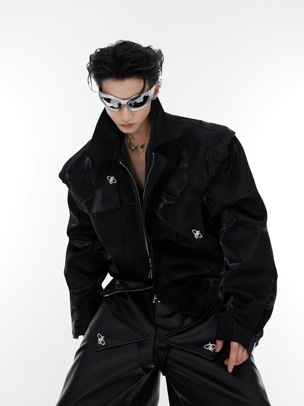 Culture Niche Deconstructed Streamer Liquid Shoulder Pad Short Jacket Metal Split Design Leather Jacket for Men