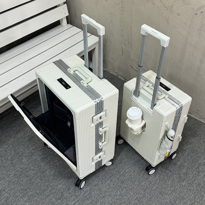 The front can be placed in front of the computer front opening luggage compartment front open lid pull rod aluminum frame large capacity usb charging with cup holder