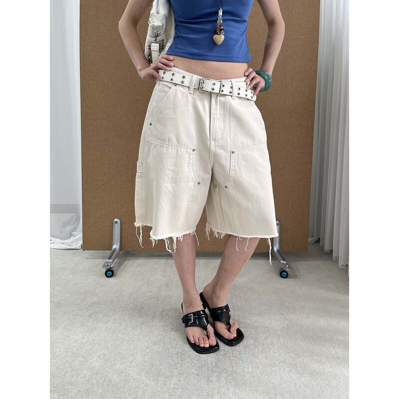 See 3L American High Street Style Wide-Leg Denim Shorts for Women, Loose Straight-Cut, Cool Frayed Edge Workwear Shorts 3530