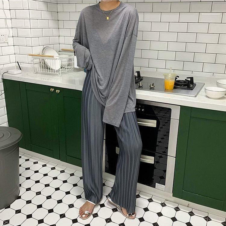 Pants Pleated Pants Summer Ice Silk Straight Leg Pants Pleated Pants Wide Leg Pants Women's High Waist Draped Casual Mopping Pants