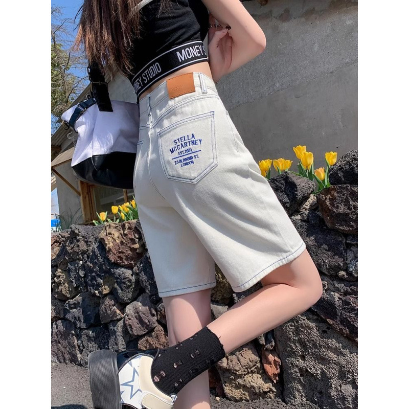 White Five-Point Denim Shorts for Women, Summer Thin Style, 2025 New High-Waisted Straight Wide-Leg Embroidered Mid-Length Shorts