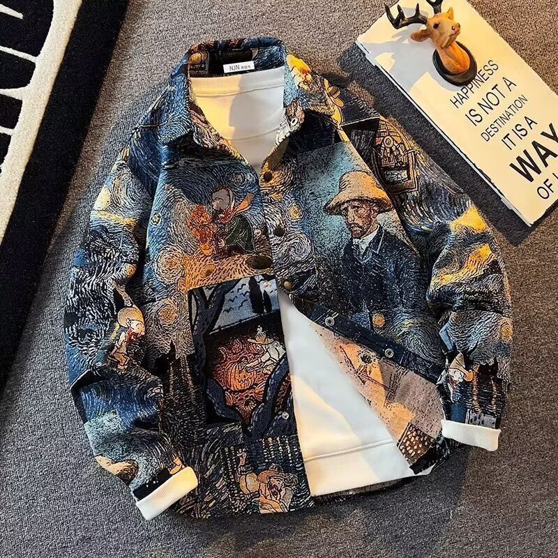 Vintage vintage Van Gogh Oil Painting Jacket Boy's Trendy Brand American Art Student Shirt Casual Jacket Loose Type
