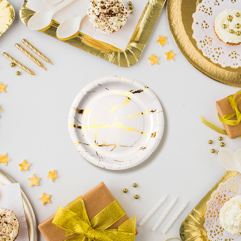 Wood Grain Marble Paper Tray Disposable Party Tableware High-end Theme Paper Tray Environmentally Friendly Thickened Paper Tray