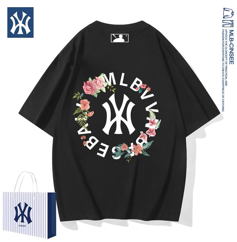 Mlb & ny2025夏の重ポンド純綿カップルのショートファッション百合tシャツ男性潮牌軽豪華半袖上着|undefined