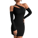 Черное сексуальное платье-комбинация, сумка на одно плечо, приталенное платье, с акцентом на бедрах, с открытой спиной