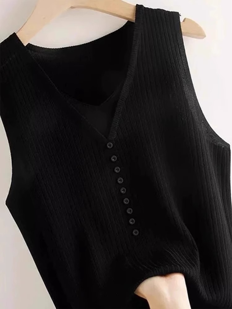 Áo hai dây dệt kim giả hai mảnh lụa băng nữ, mặc trong áo sơ mi hoặc blazer, không tay — Màu đen