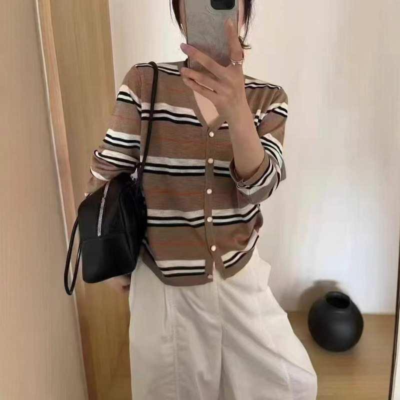 2025新款早秋穿搭韩系宽松条纹针织开衫女外套薄款罩衫上衣|undefined