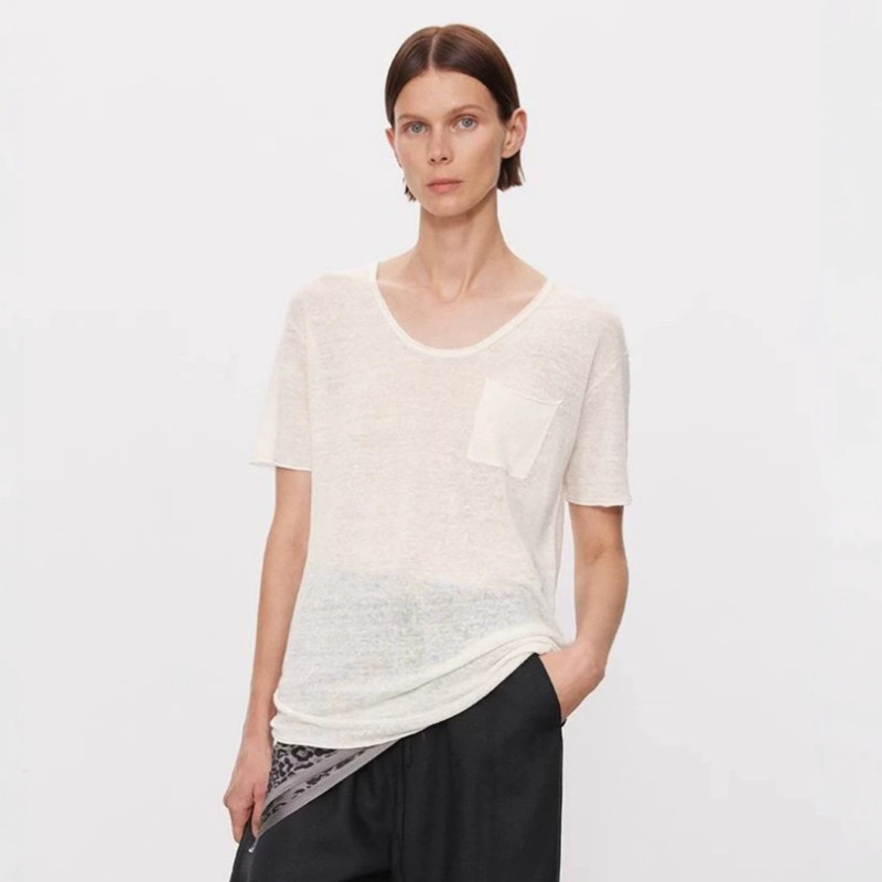 Joc Old Money Style Relaxed Linen Knit Short Sleeve Women's U-Neck Pocket Breathable Slimming Commuter T-Shirt Joc Old Money Style Relaxed Linen Knit Short Sleeve Women's U-Neck Pocket Breathable Slimming Commuter T-Shirt