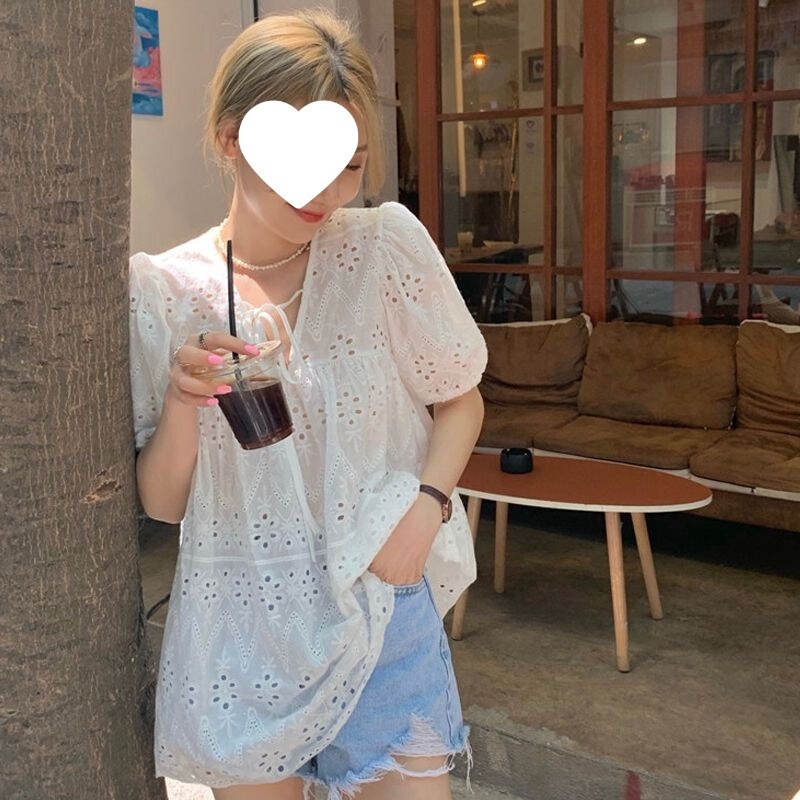 French-Style White Design Hollow Lace Top Women's Summer Thin Loose Short-Sleeve Shirt with Puff Sleeves