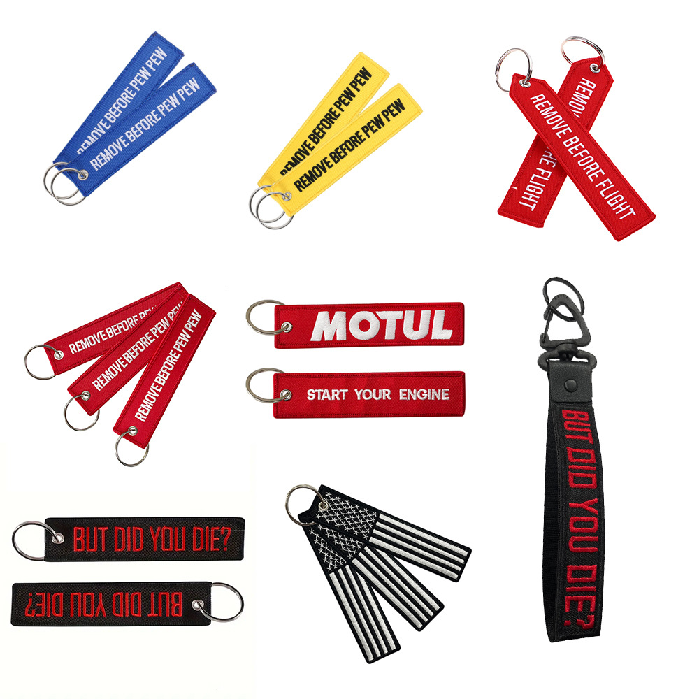 in stock EMBROIDERY GREEN BASE BLACK FLIGHT TAGS KEYCHAIN LETTERS REMOVE BEFORE PEW PEW