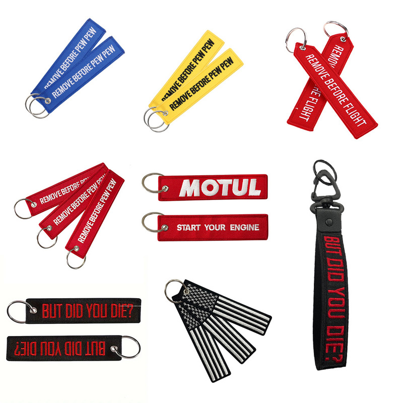 in stock EMBROIDERY GREEN BASE BLACK FLIGHT TAGS KEYCHAIN LETTERS REMOVE BEFORE PEW PEW