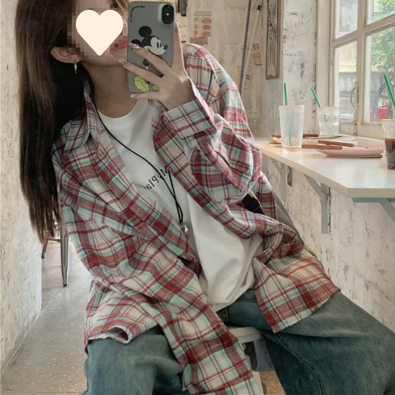 港风穿搭韩版宽松格子衬衫女春秋新款休闲百搭长袖慵懒风衬衣笙陇