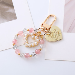 韓國ins創意愛心鑰匙扣掛件天然水晶串珠幾何桃心字母汽車掛飾品