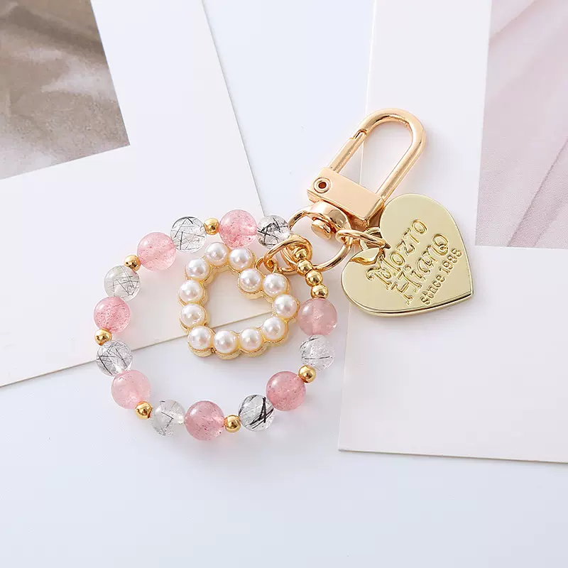 韩国ins创意爱心钥匙扣挂件天然水晶串珠几何桃心字母汽车挂饰品