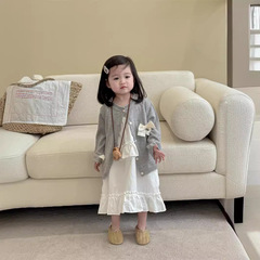 韓版童裝2024新款春季女童針織毛衣開衫兒童洋氣無袖背心裙兩件套