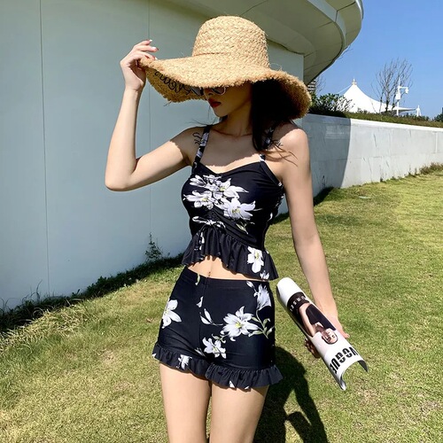 Women's separates conservative three-piece chiffon robe sun protection slimming stomach cover Korean version Ins plus size swimsuit