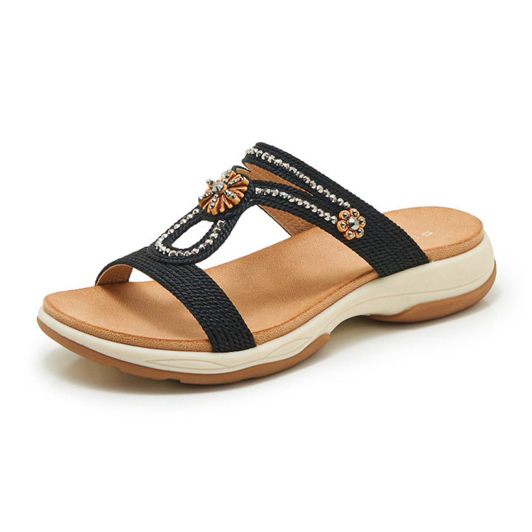 Dép sandal nữ quai chữ V đế xuồng thêu điện bohemian — Champagne màu, màu đen, màu hồng chi tiết 23