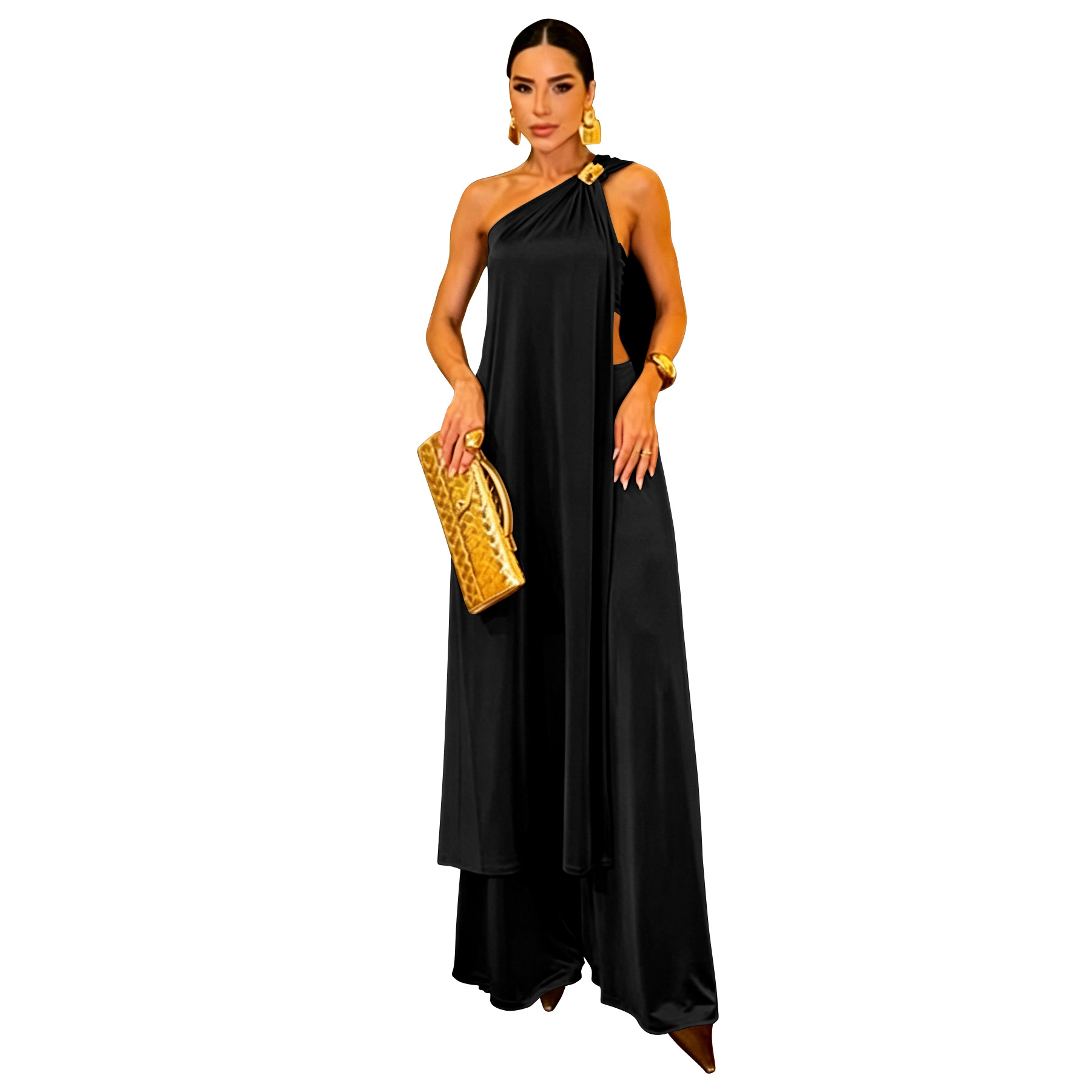 Summer Women's Long Loose Top And Solid Color Trousers Set American Fashion_ecoleips.com
