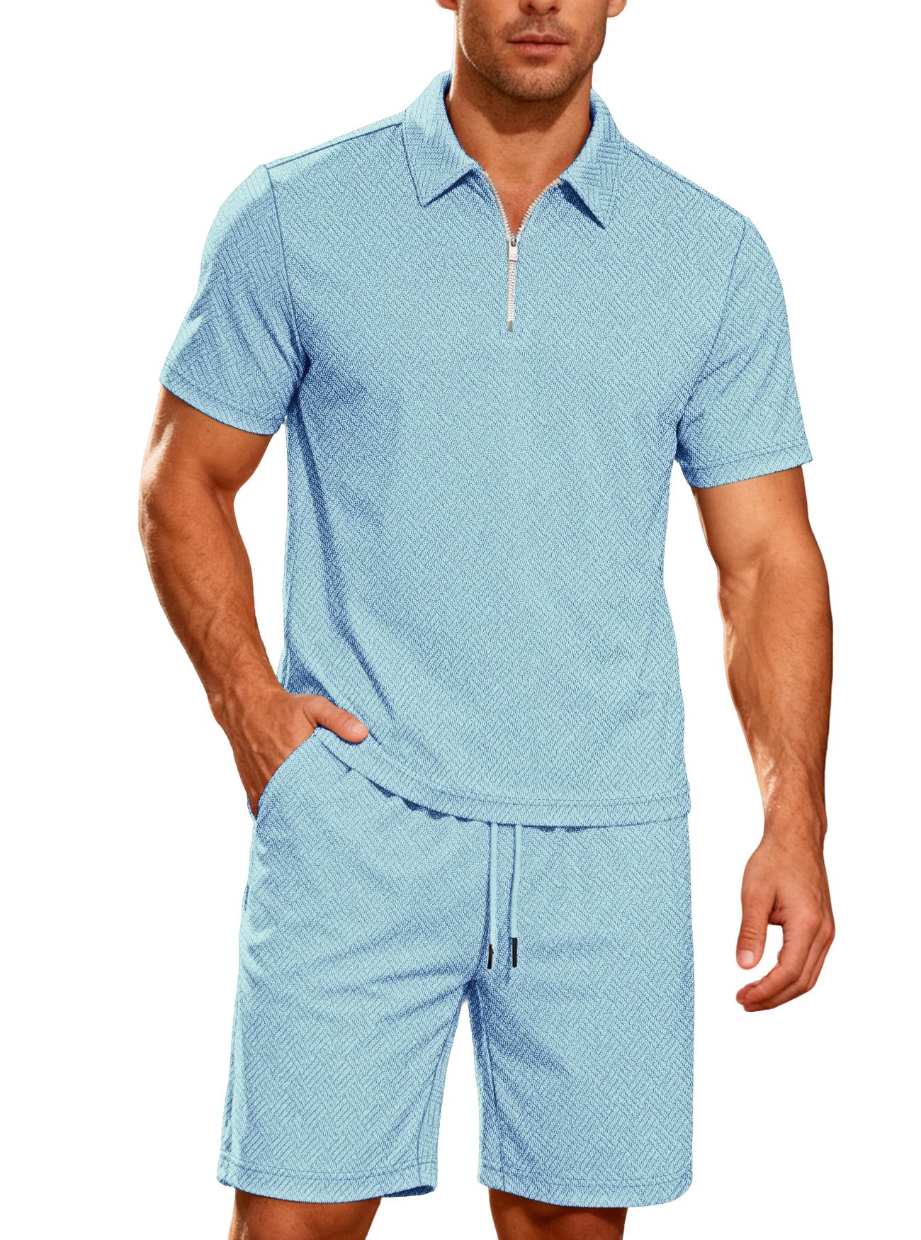 Trajes de hombre transfronterizos de verano para hombres nuevos trajes casuales de comercio exterior de manga corta con cremallera de moda de color sólido