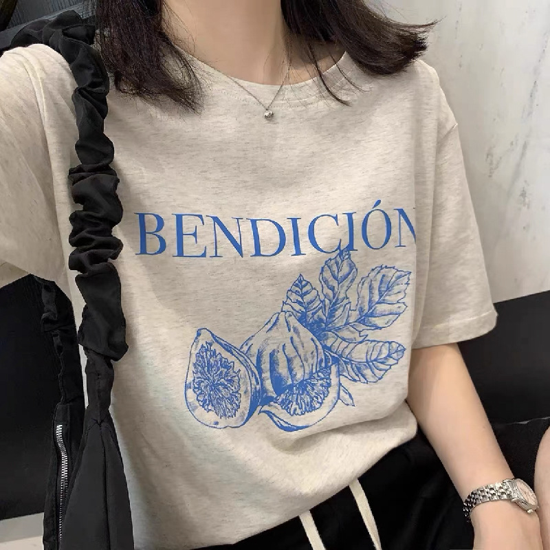 Spot Korean Fig Designer 2024 Spring and Summer New Fig Print Casual Short-Sleeved T-Shirt for Women