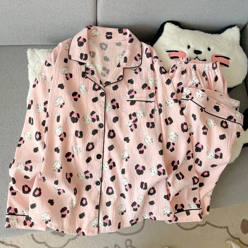 工厂直销云朵棉新款睡衣女长袖长裤开衫翻领卡通大码家居服套装|undefined