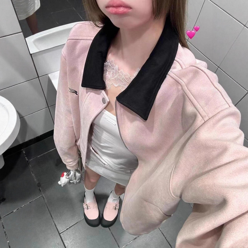 [Suede + Lining] American Retro Contrast Lapel Design Jacket Autumn and Winter Lazy Style Top for Women