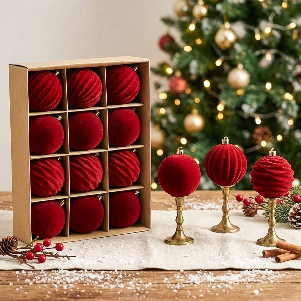 6Cm/8Cm Boxed Set of 12Pcs Flocked Christmas Balls Christmas Tree Hanging Ornaments Christmas Decorations