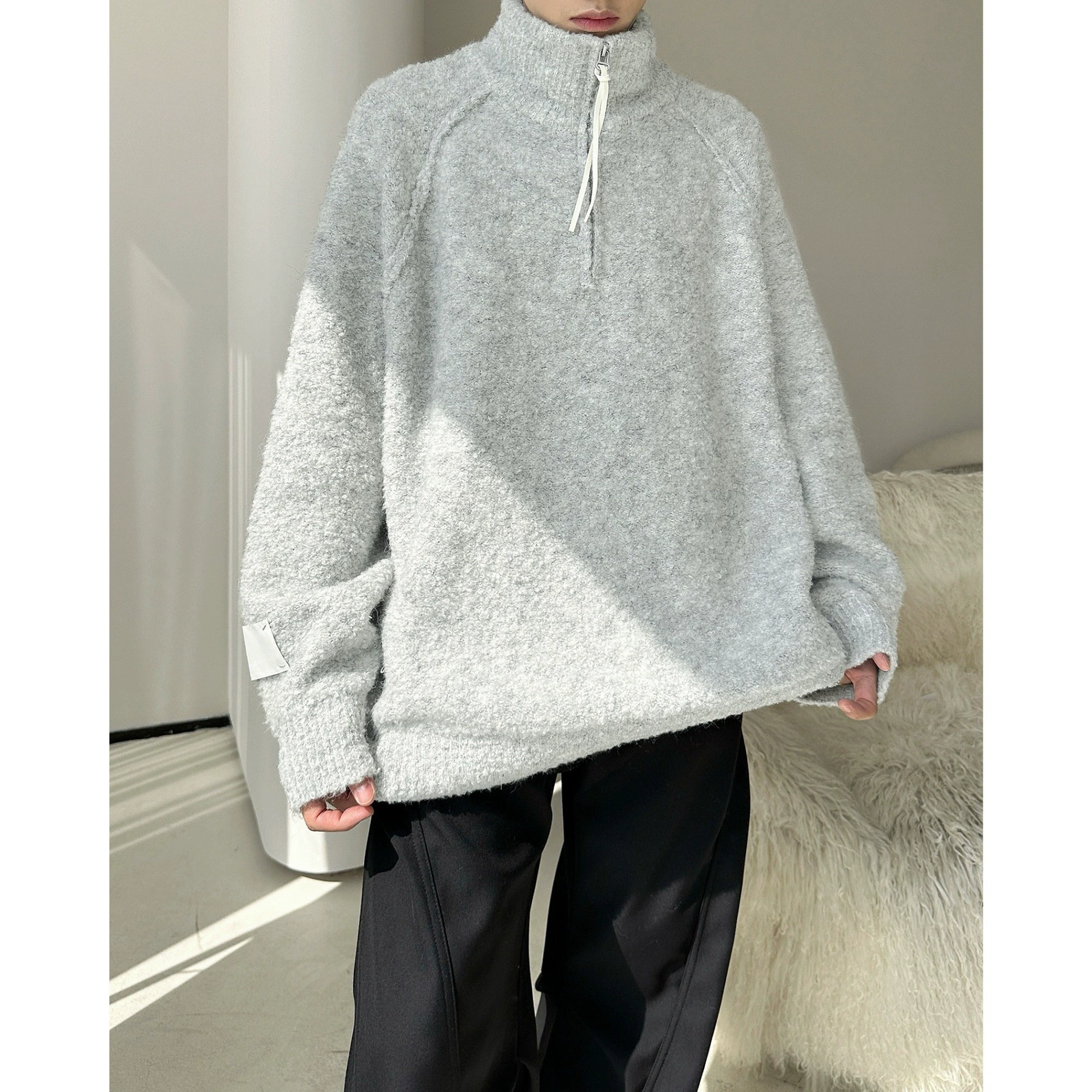 Высококачественный светло-серый американский ретро трендовый свитер на молнии с вертикальным вырезом 2024 осенний новый дизайн мужской свитер