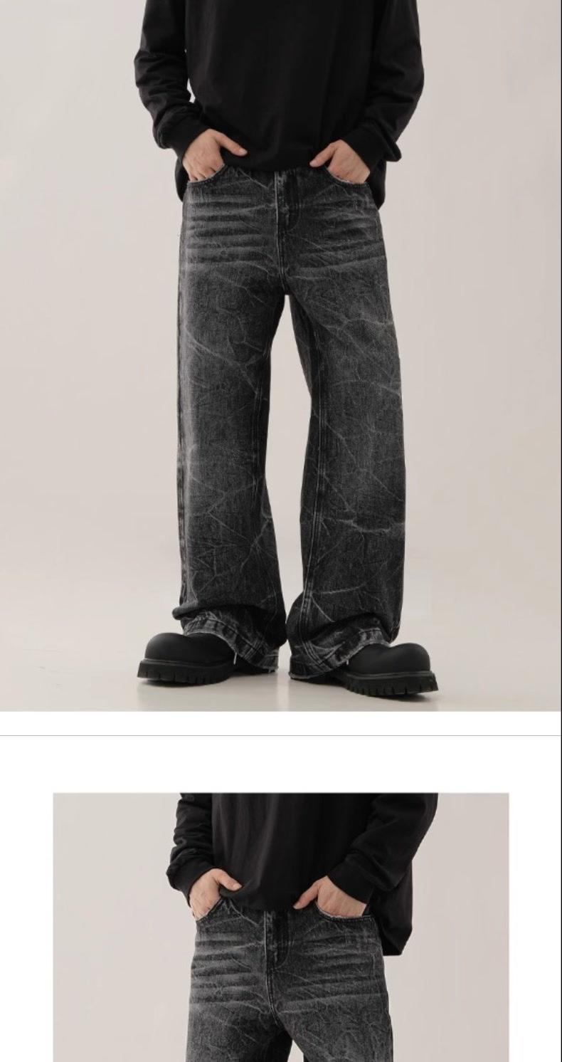 ​​„Retro High Street Lightning Wash Schwarz-Graue Jeans für Herren – Slim Fit Straight Leg Denim-Hose mit mehreren Taschen und Cleanfit-Ästhetik“​​_voghion.com