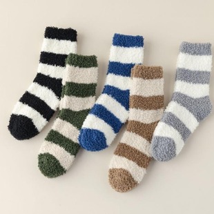 Men's coral velvet socks antibacterial deodorant warm home floor socks sleep men's socks wide striped plush socks
