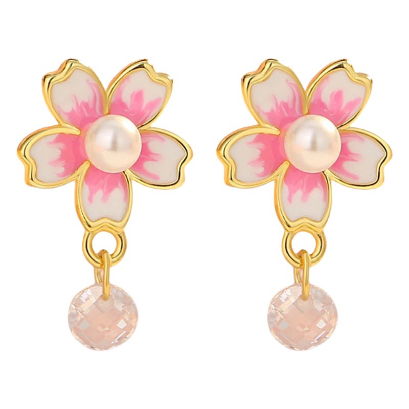 S925 plata Rosa dulce flor de cerezo aretes hembra flor fresca flor perla pendientes borla diamante-incrustado joyería