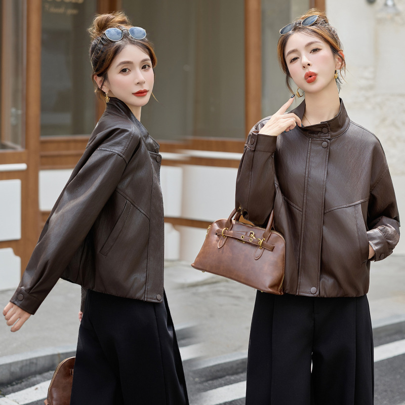 休闲女式PU皮衣夹克外套女2025秋季新款显瘦机车立领上衣WA2539|undefined