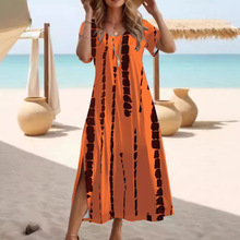 复古彩色时尚女夏季2024新款炫彩印花圆领短袖开叉长款连衣裙