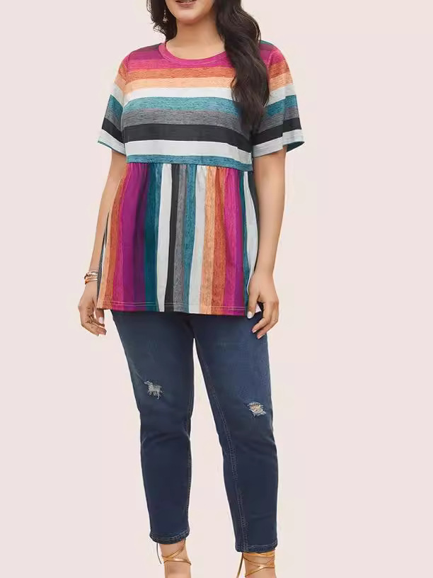 2024 Europa y los Estados Unidos verano nuevo tamaño de ropa de mujer fuente transfronteriza de color chaqueta a rayas casuales camiseta retro cómoda