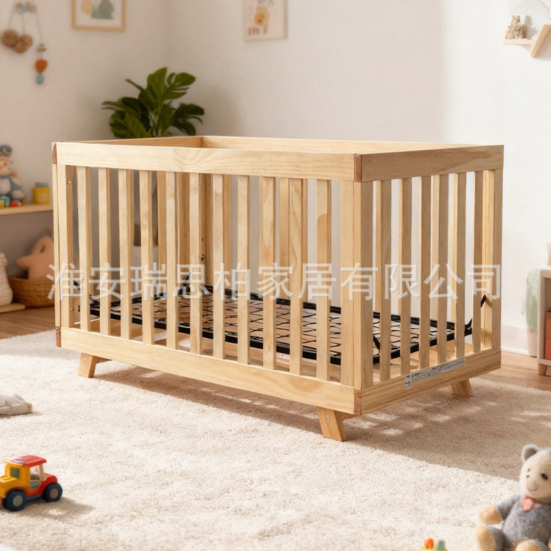 Cross-Border Solid Wood Baby Crib with Breathable Metal Bed Board, Newborn Baby Splicing Bed with Adjustable Height, Wholesale from Manufacturer