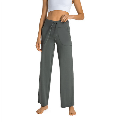 Shishizhihui new double 6 nylon loose straight pants side pocket drawstring waist sports leisure fitness yoga pants