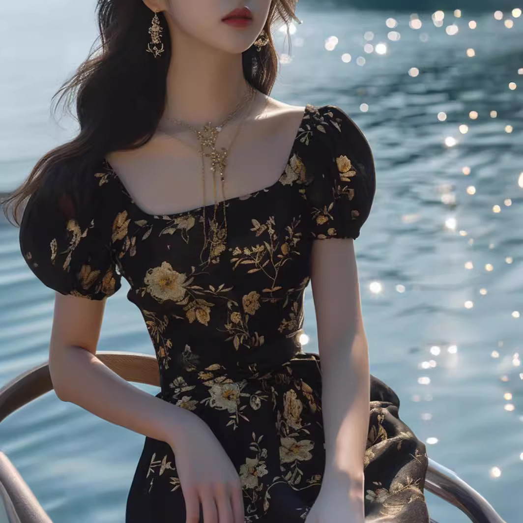 Đầm maxi nữ in họa tiết đen khí chất kiểu Pháp mùa hè — Màu đen
