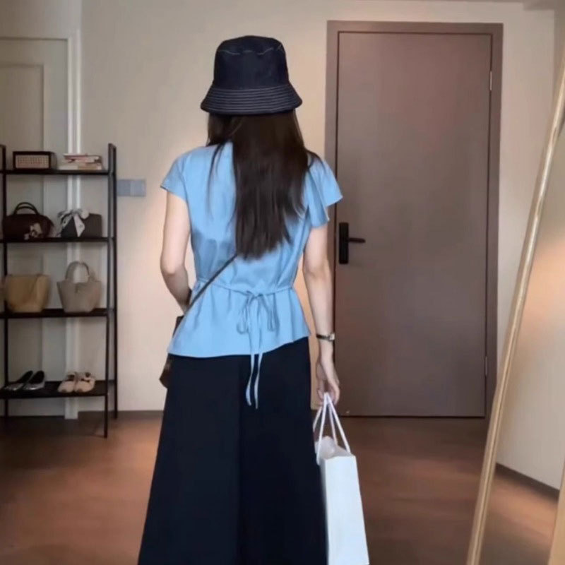 【原版品质】法式不规则显瘦褶皱上衣高级感条纹飘带短袖衬衫|undefined